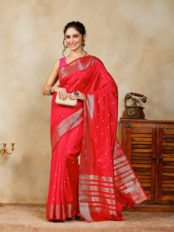 Hot Pink Woven Design Art Silk Saree