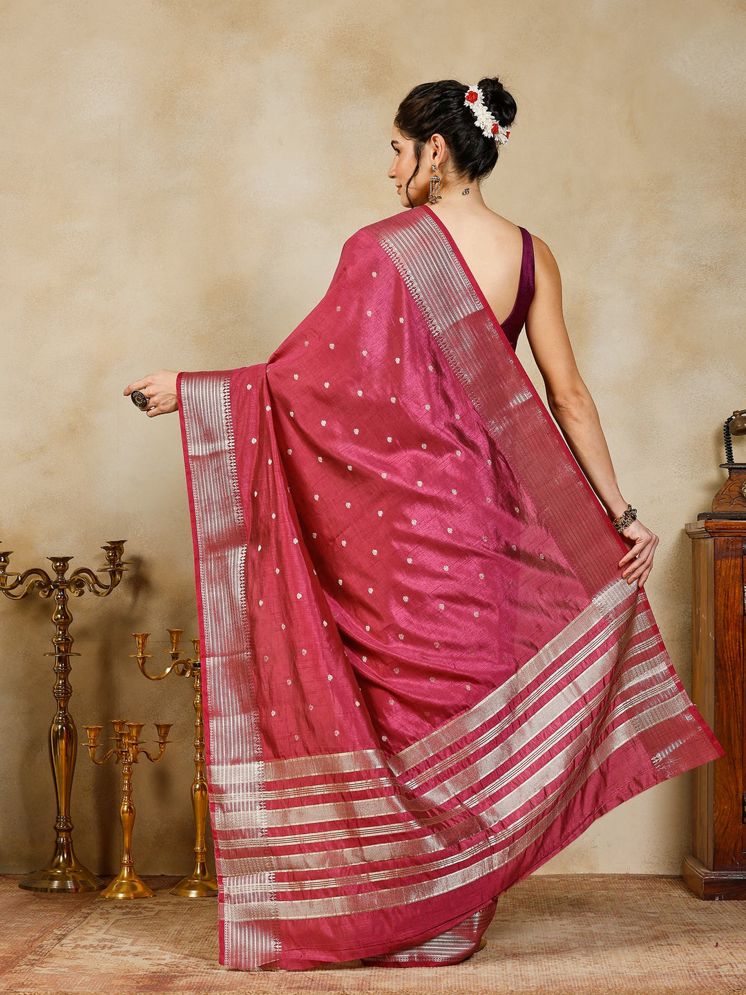 Magenta Woven Design Art Silk Saree