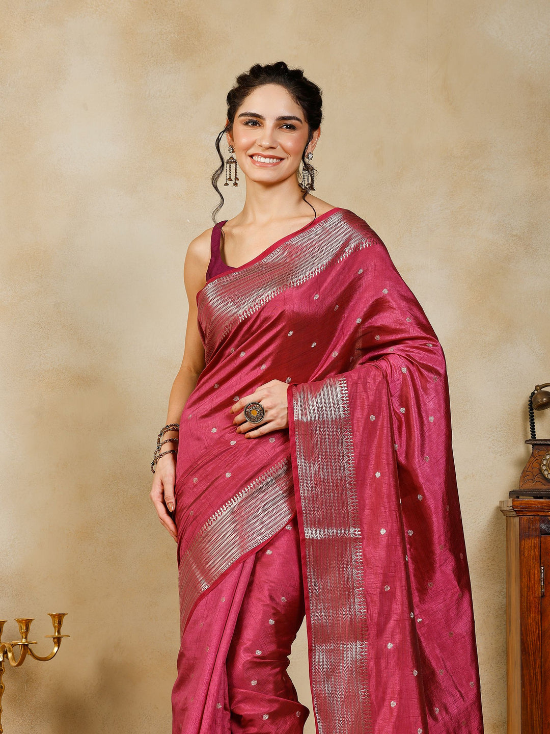 Magenta Woven Design Art Silk Saree