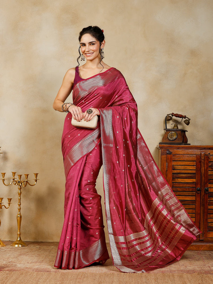 Magenta Woven Design Art Silk Saree