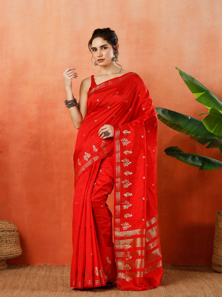 Red Zari Booti Art Silk Saree