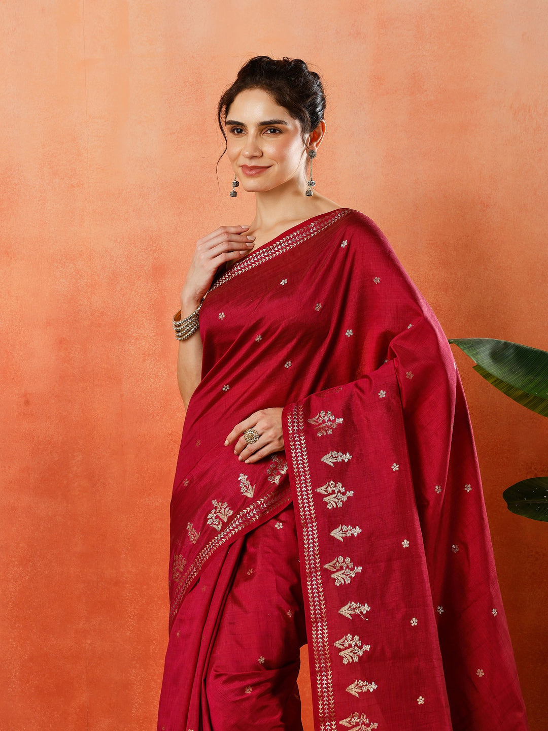 Wine Zari Booti Art Silk Saree