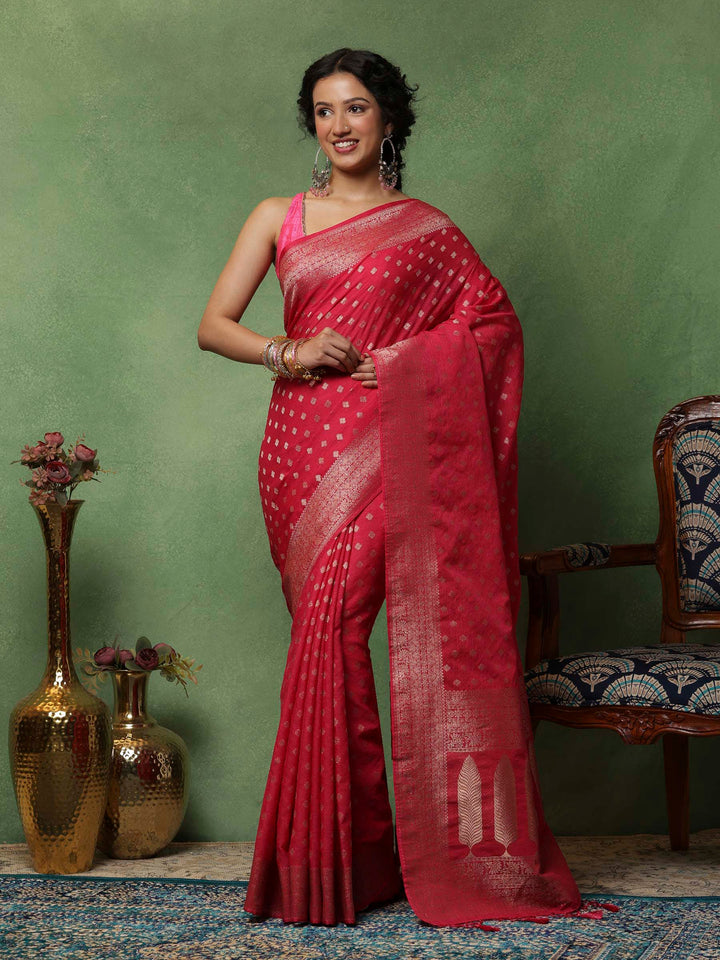 Hot Pink Woven Design Art Silk Saree
