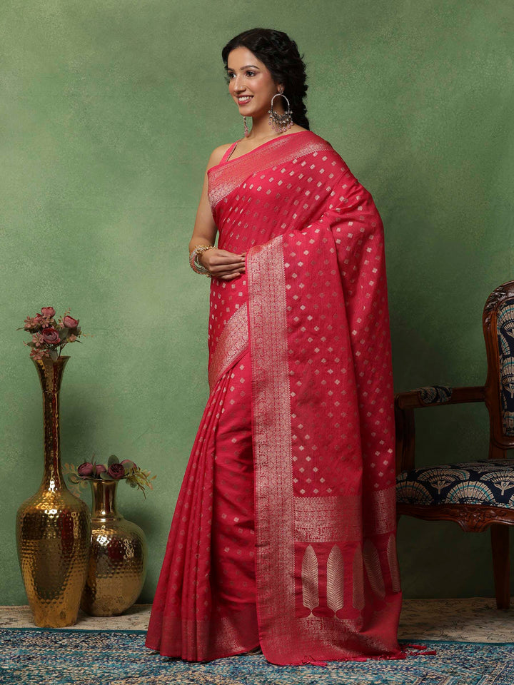 Hot Pink Woven Design Art Silk Saree