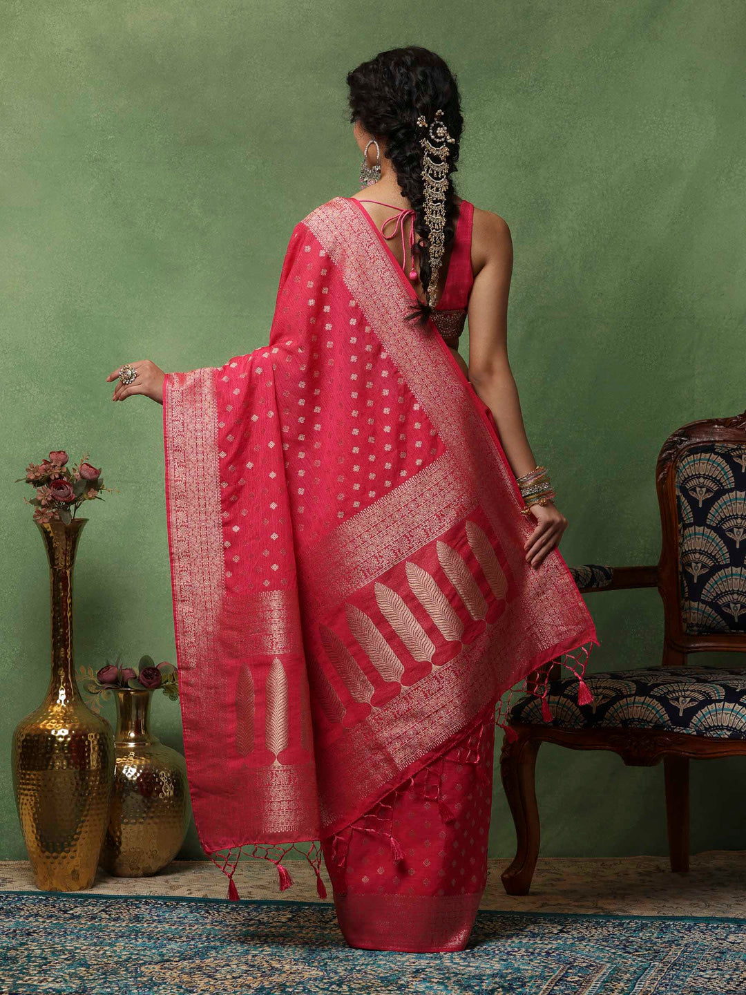 Hot Pink Woven Design Art Silk Saree