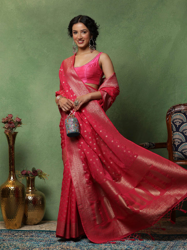 Hot Pink Woven Design Art Silk Saree