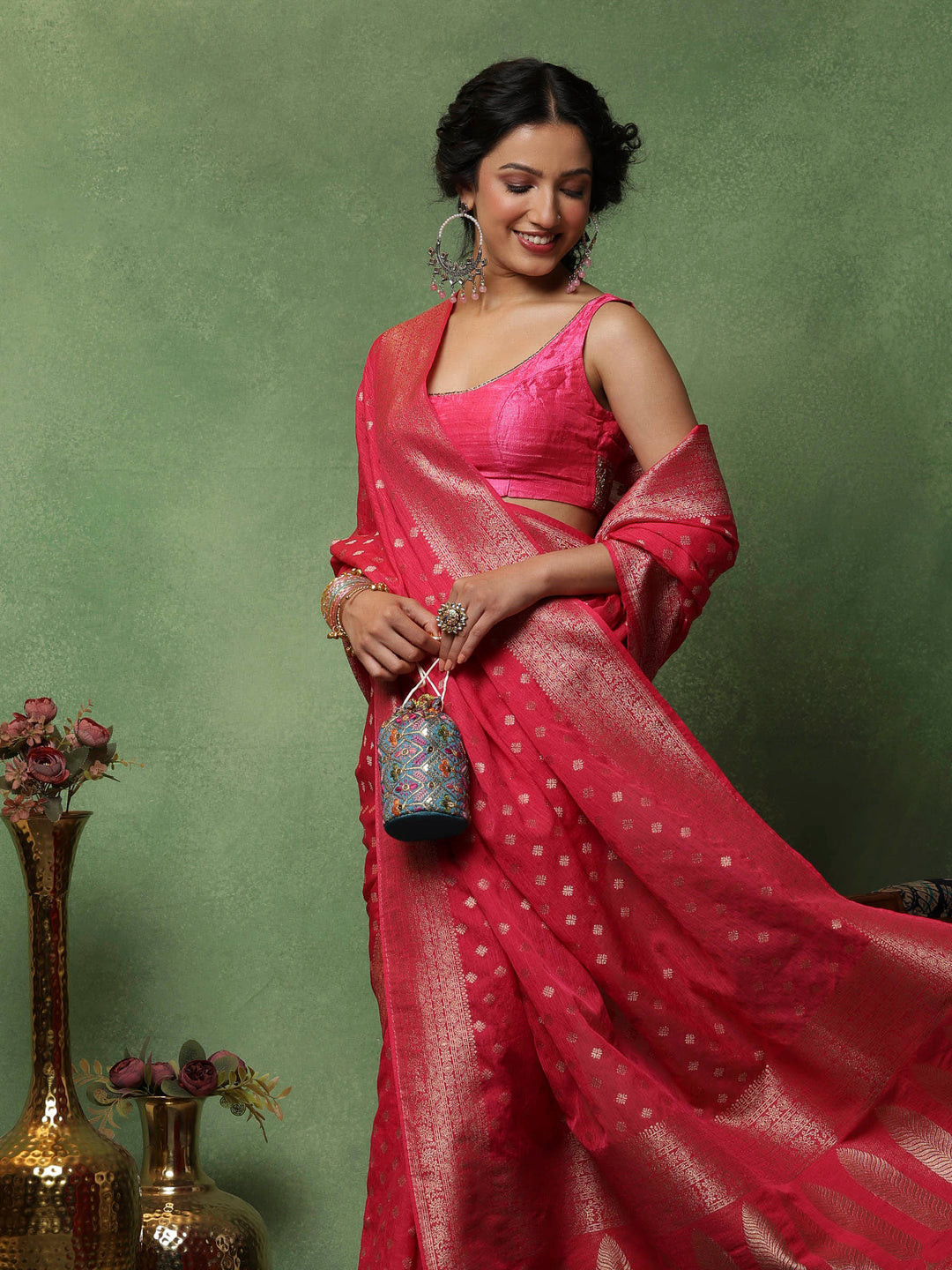 Hot Pink Woven Design Art Silk Saree