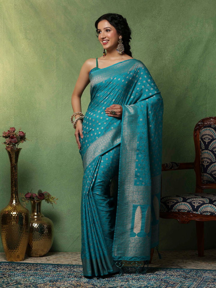 Lake Blue Woven Design Art Silk Saree