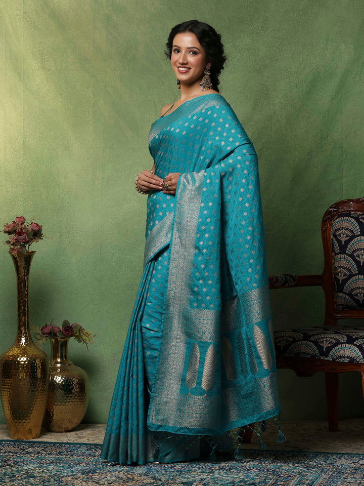 Lake Blue Woven Design Art Silk Saree