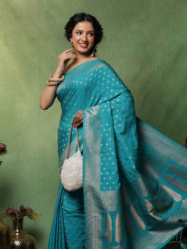 Lake Blue Woven Design Art Silk Saree