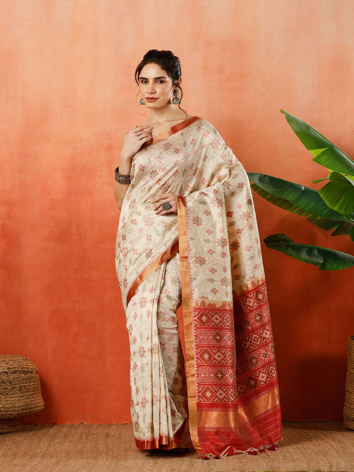 Cream Zari Jaal Tusaar Saree