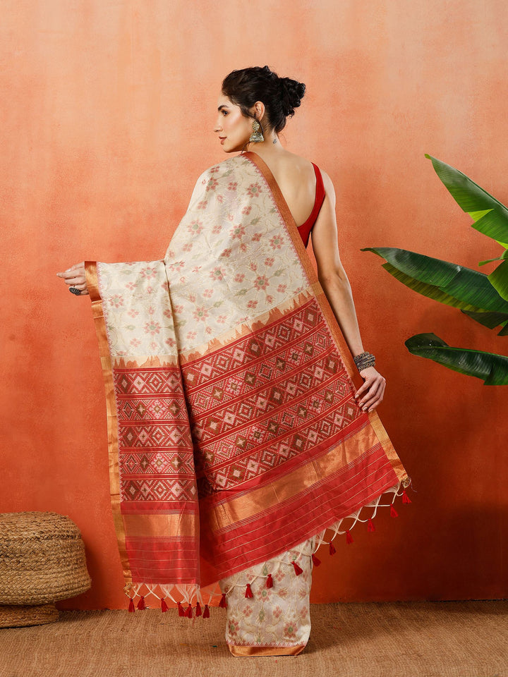 Cream Zari Jaal Tusaar Saree
