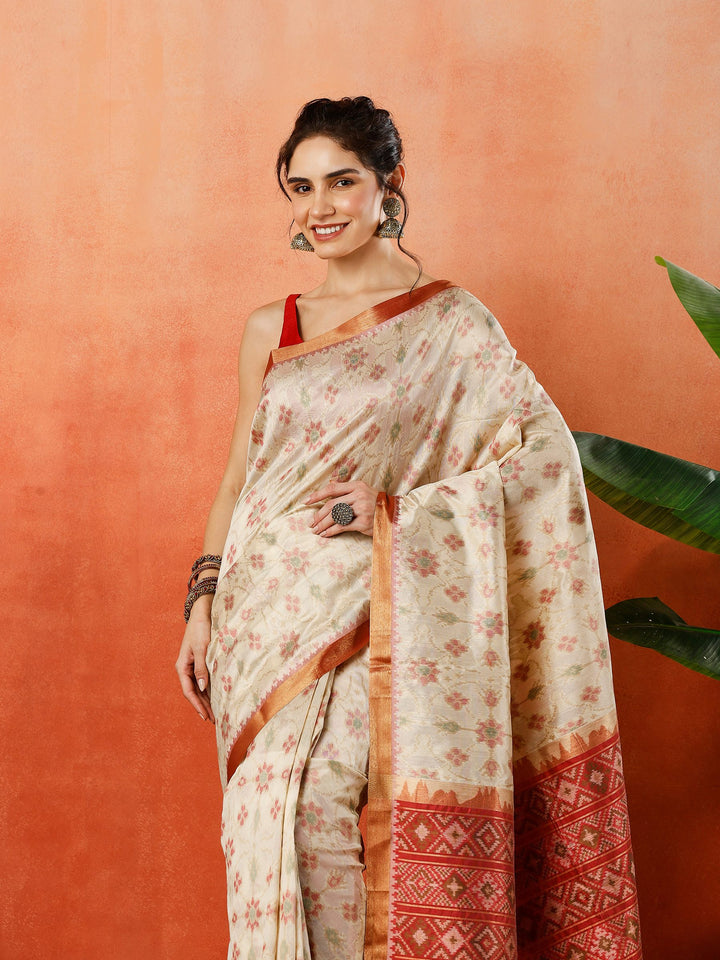 Cream Zari Jaal Tusaar Saree