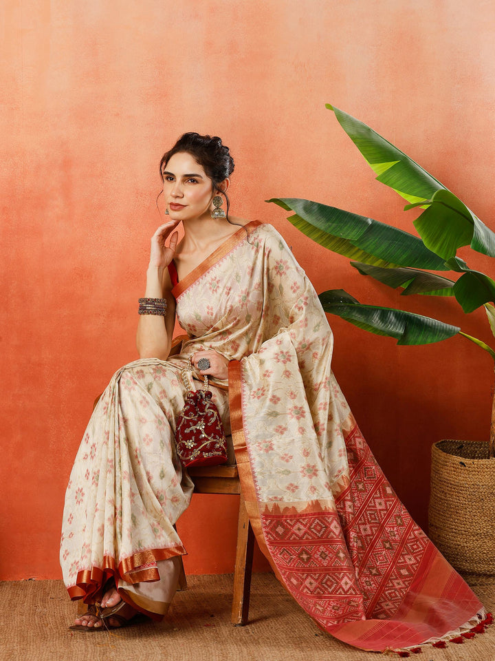 Cream Zari Jaal Tusaar Saree