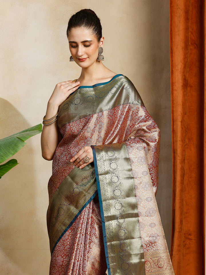 Brown Kalamkari Woven Design Art Silk Saree