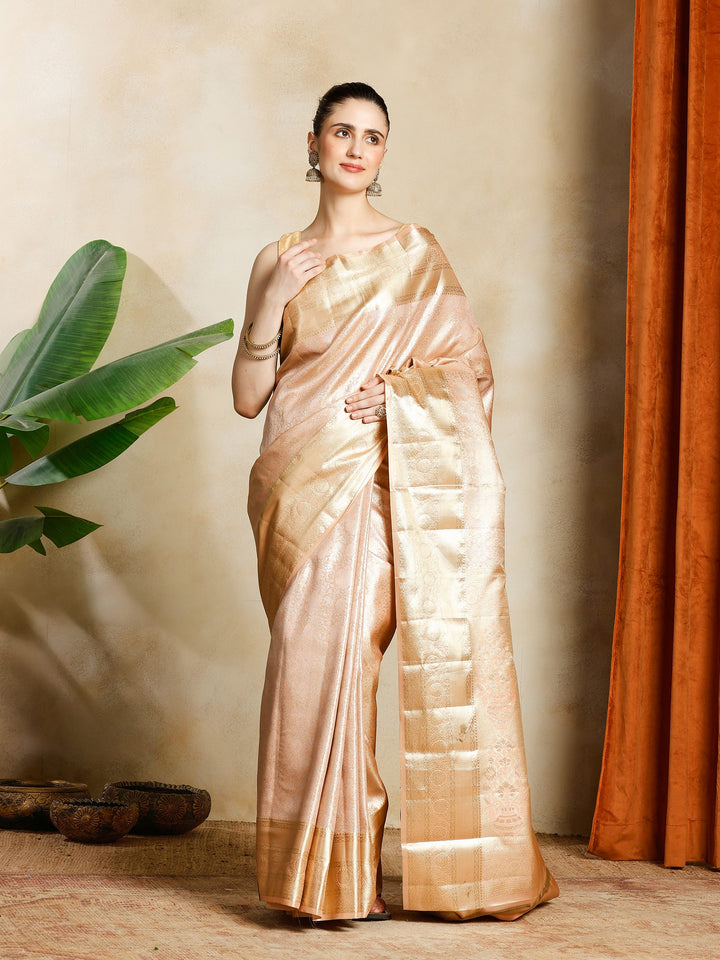 Peach Kalamkari Woven Design Art Silk Saree