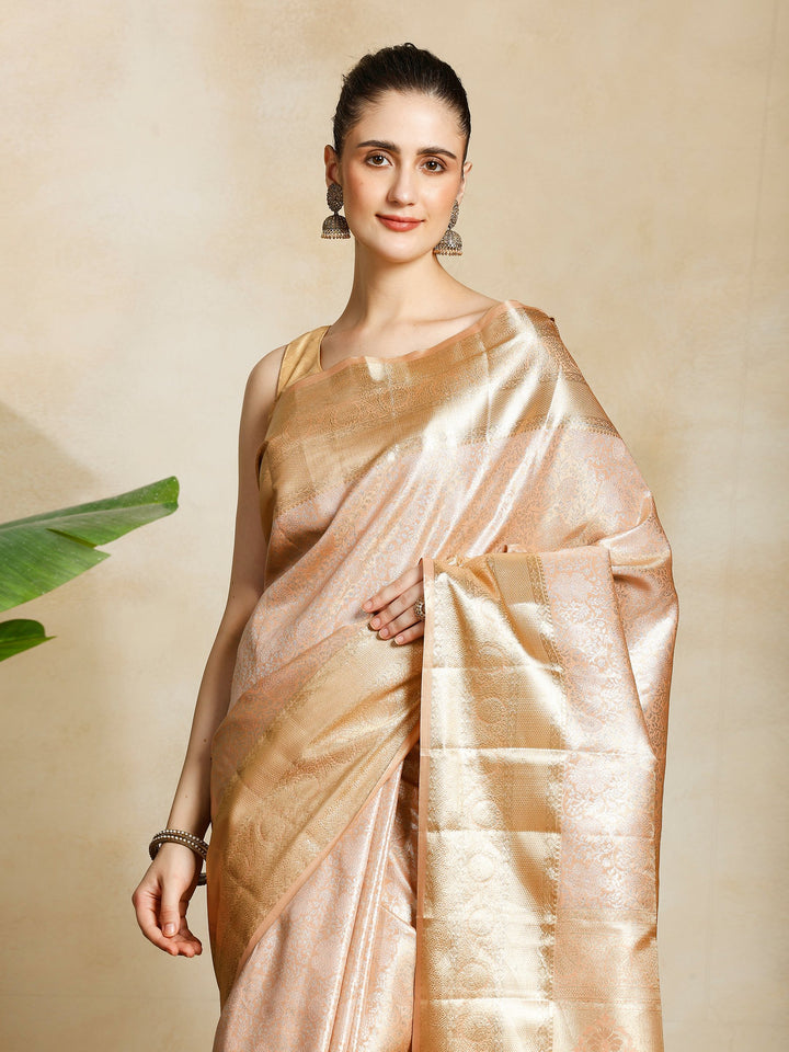 Peach Kalamkari Woven Design Art Silk Saree