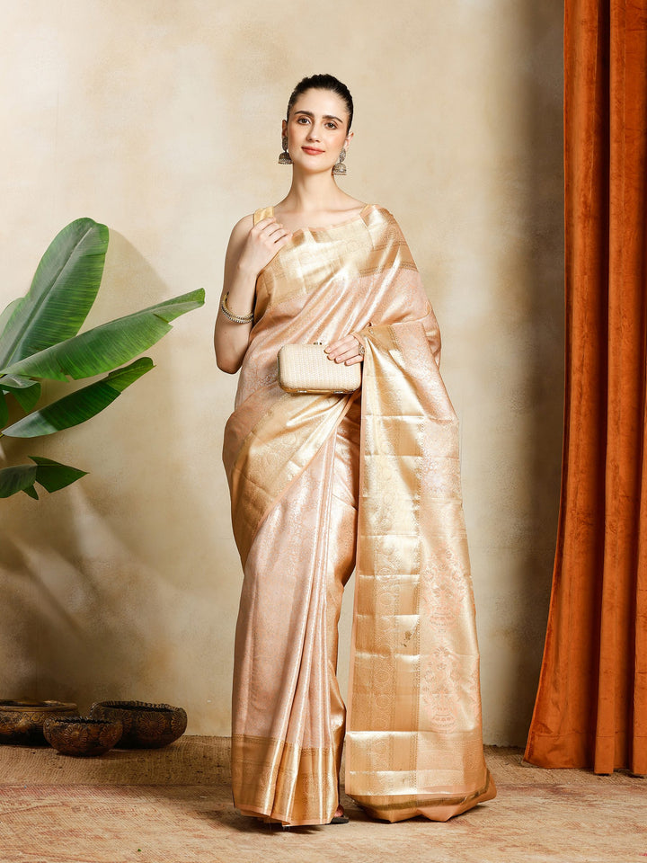 Peach Kalamkari Woven Design Art Silk Saree