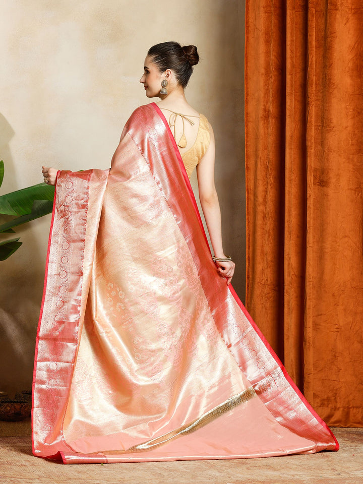 Peach Kalamkari Woven Design Art Silk Saree