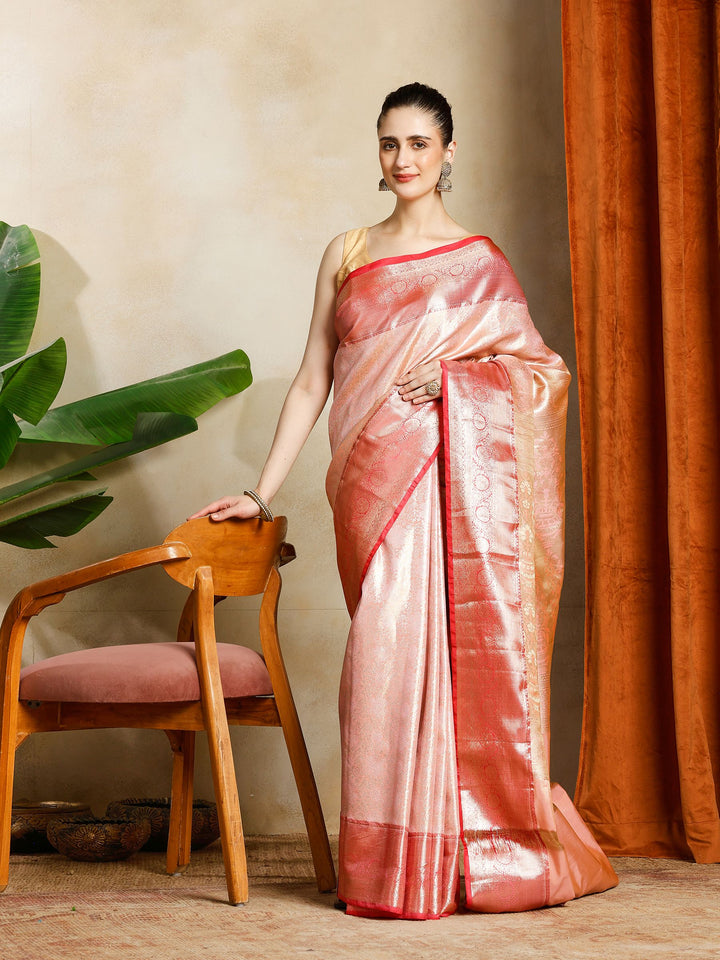 Peach Kalamkari Woven Design Art Silk Saree