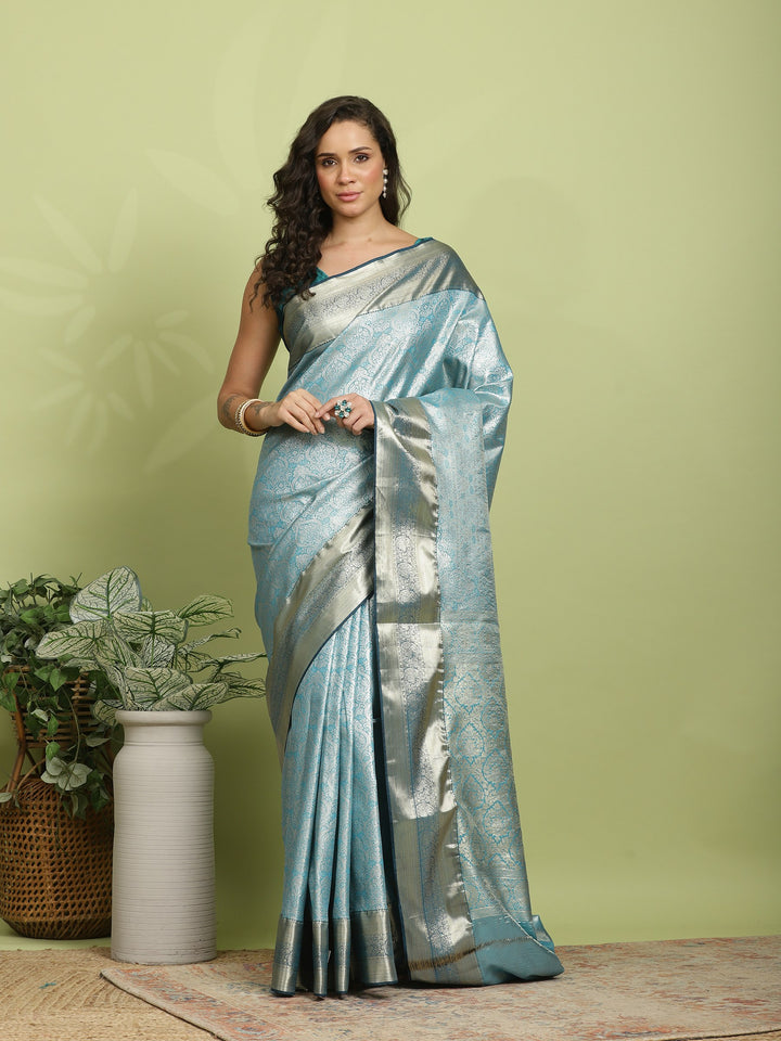 Teal Blue Woven Design Art Silk Saree