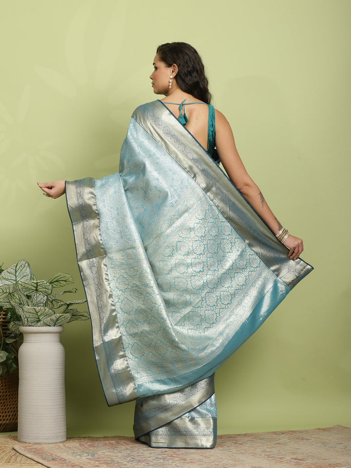 Teal Blue Woven Design Art Silk Saree