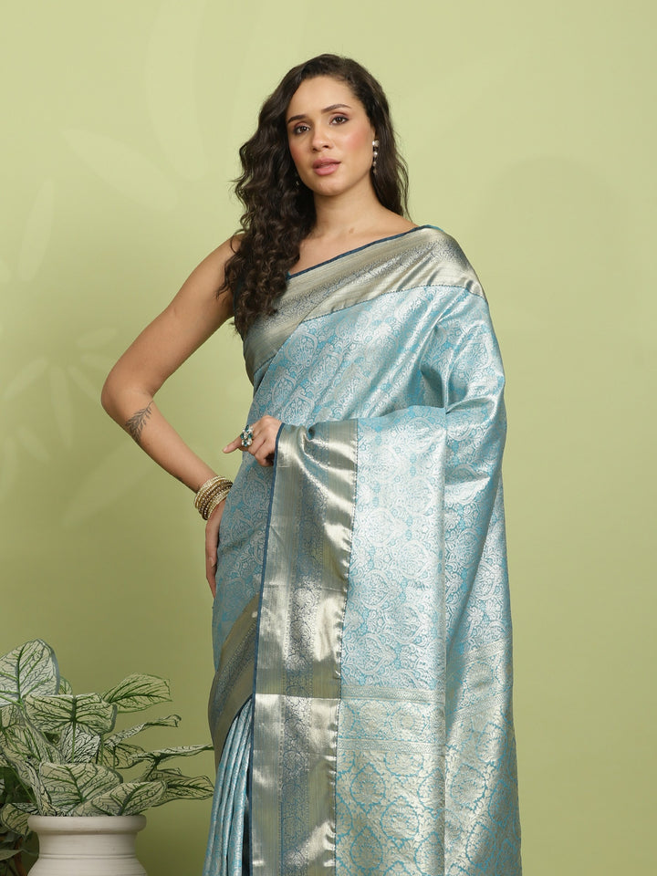 Teal Blue Woven Design Art Silk Saree