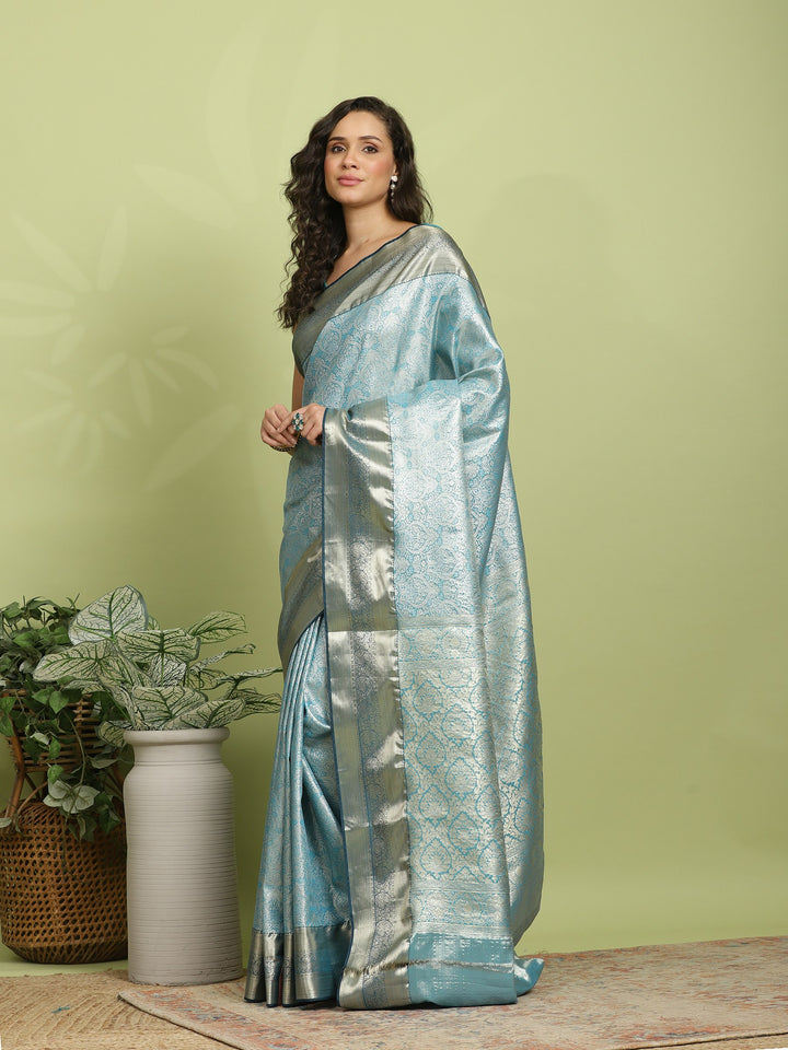 Teal Blue Woven Design Art Silk Saree