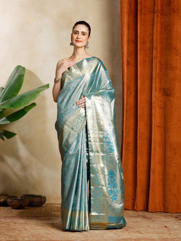 Lake Blue Kalamkari Woven Design Art Silk Saree