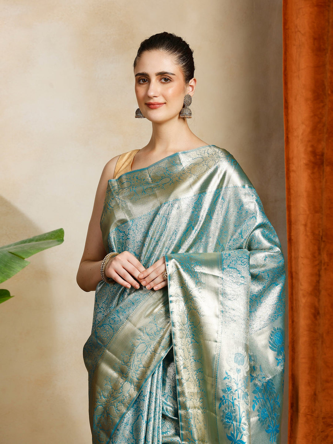 Lake Blue Kalamkari Woven Design Art Silk Saree