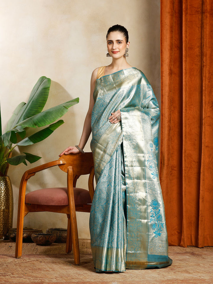 Lake Blue Kalamkari Woven Design Art Silk Saree
