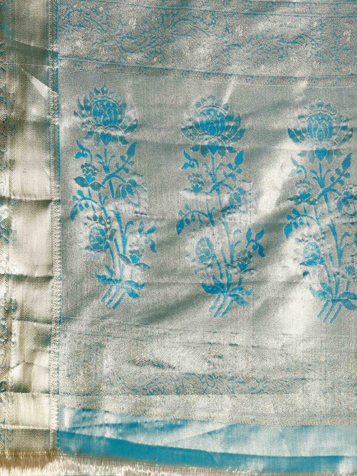 Lake Blue Kalamkari Woven Design Art Silk Saree