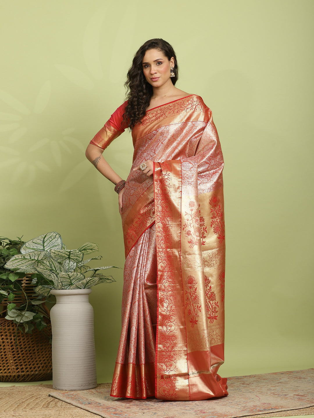 Rust Red Woven Design Art Silk Saree