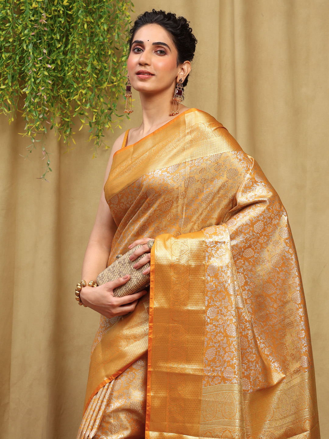 Orange Kalamkari Woven Design Art Silk Saree