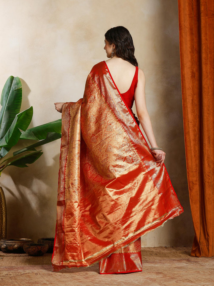 Red Kalamkari Woven Design Art Silk Saree