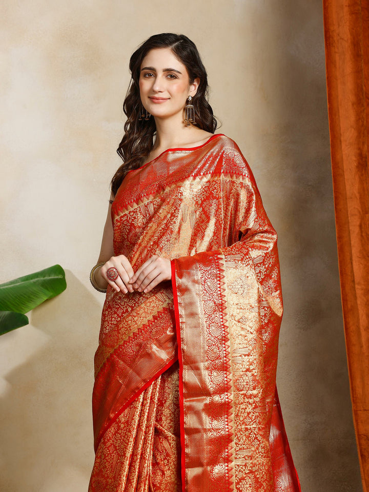 Red Kalamkari Woven Design Art Silk Saree