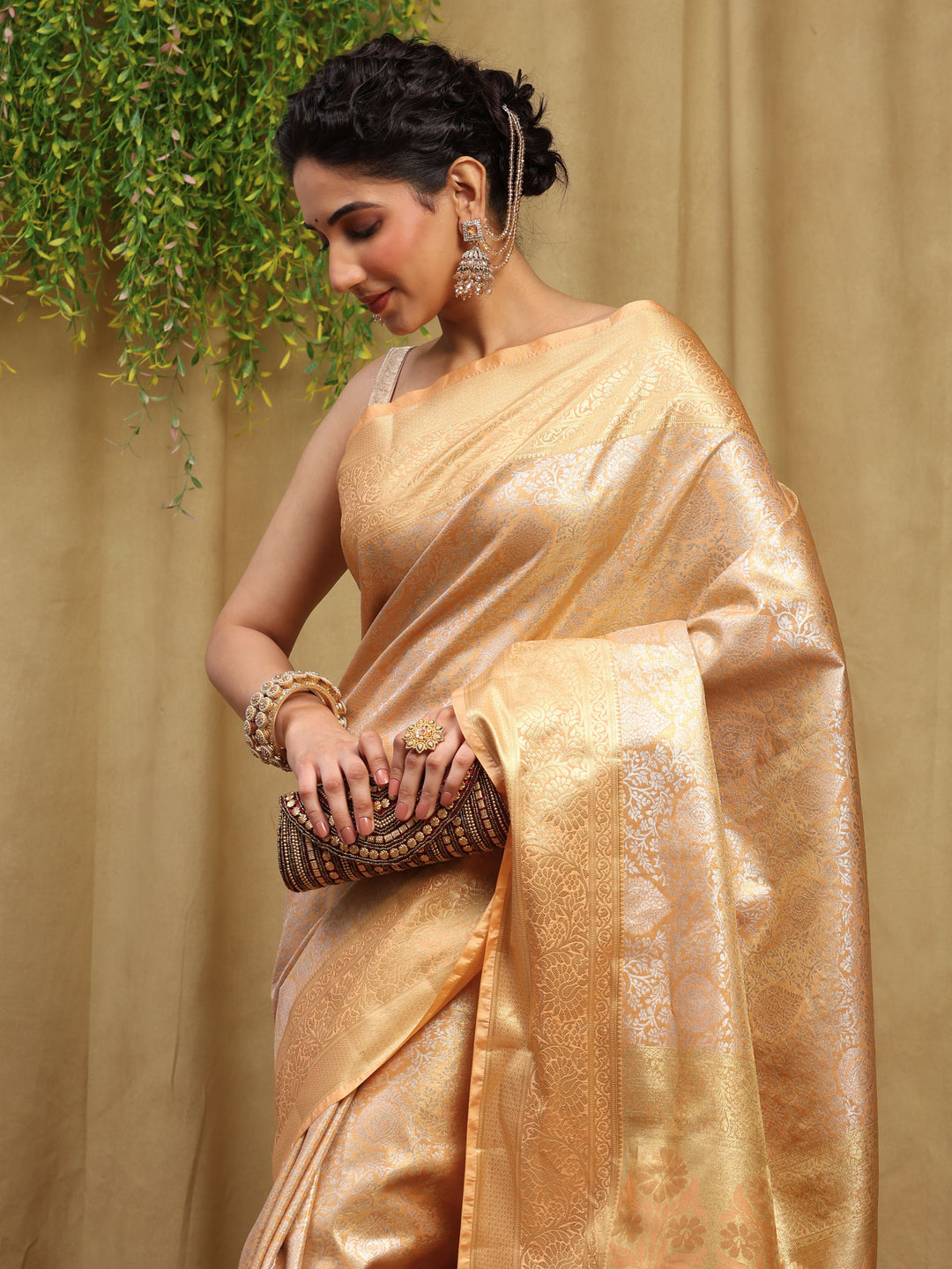 Peach Kalamkari Woven Design Art Silk Saree