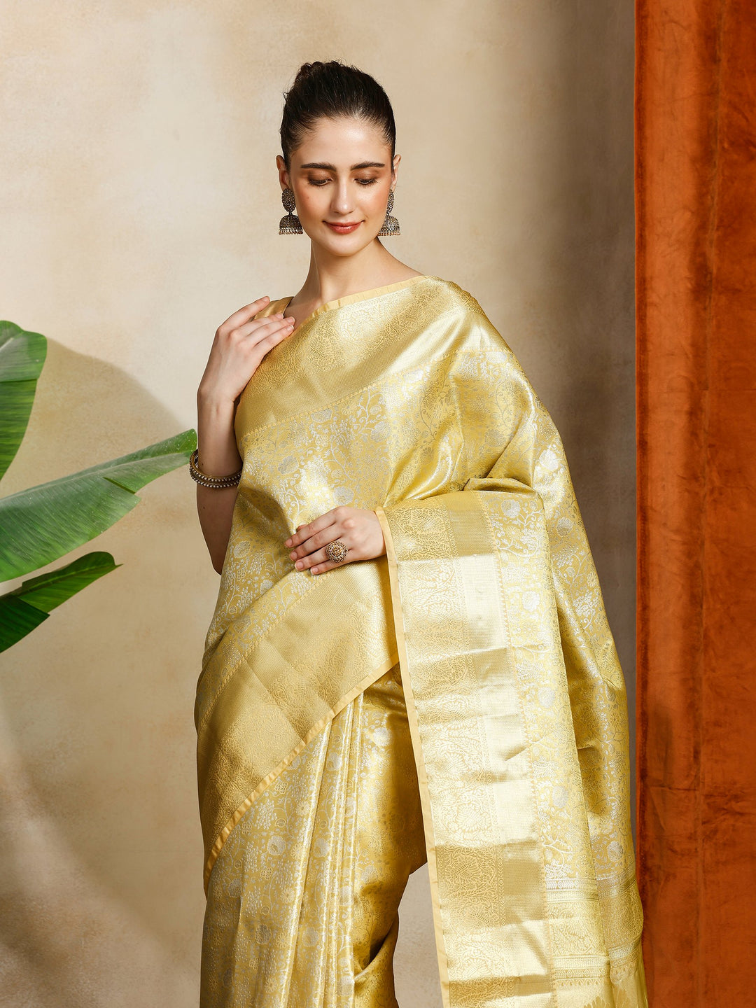 Golden Beige Kalamkari Woven Design Art Silk Saree