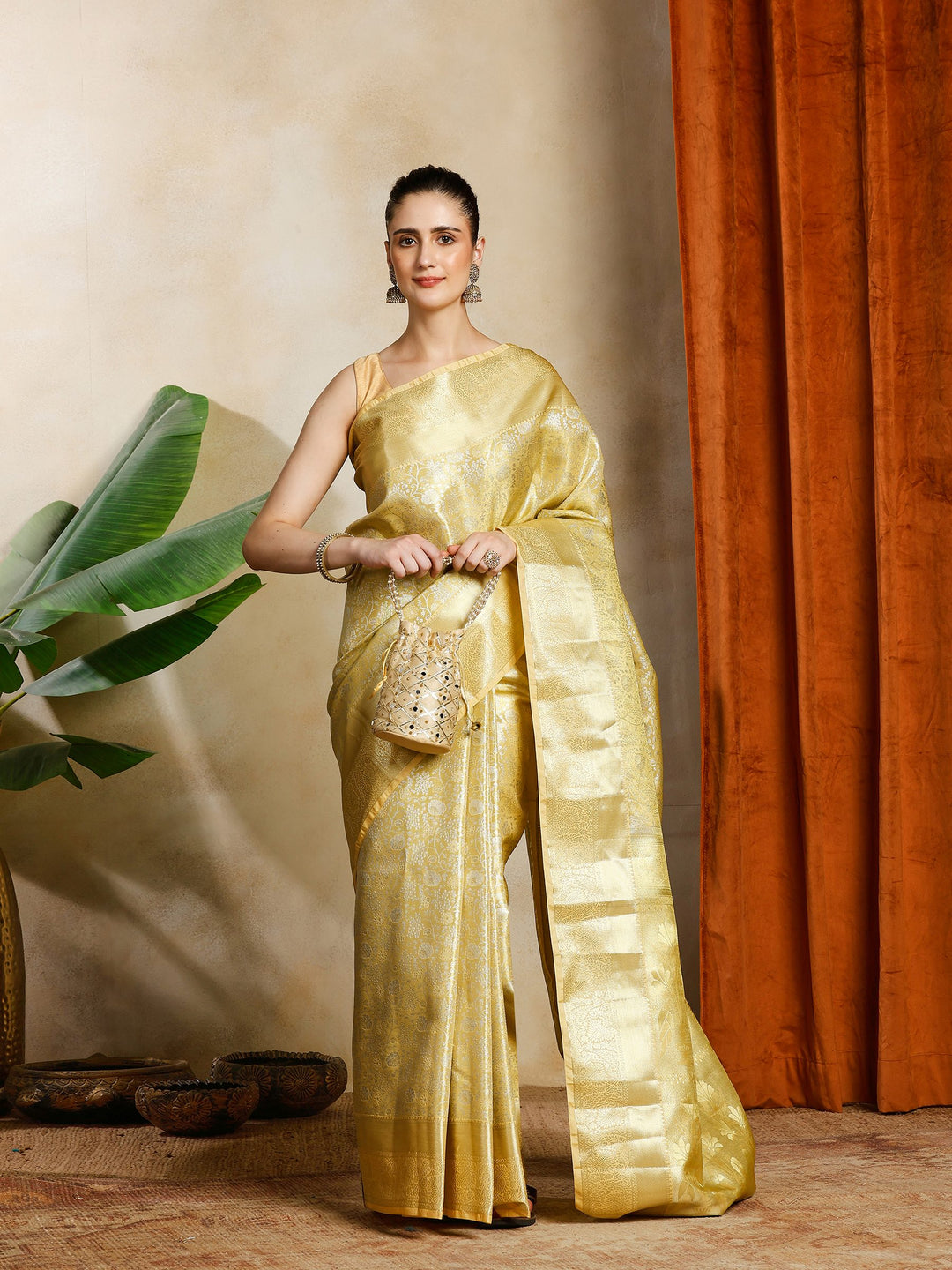 Golden Beige Kalamkari Woven Design Art Silk Saree