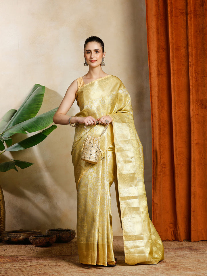 Golden Beige Kalamkari Woven Design Art Silk Saree