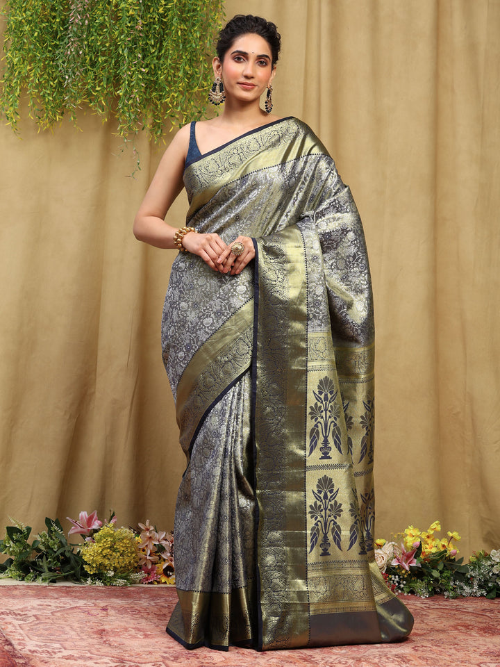 Grey Navy Kalamkari Woven Design Art Silk Saree