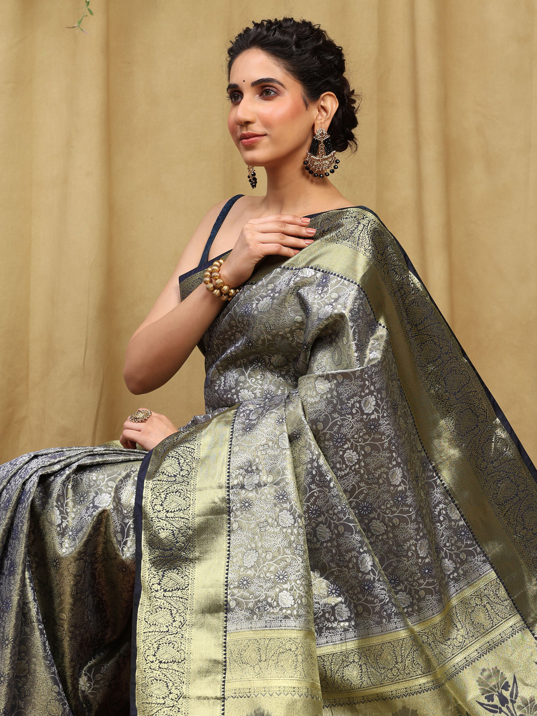 Grey Navy Kalamkari Woven Design Art Silk Saree