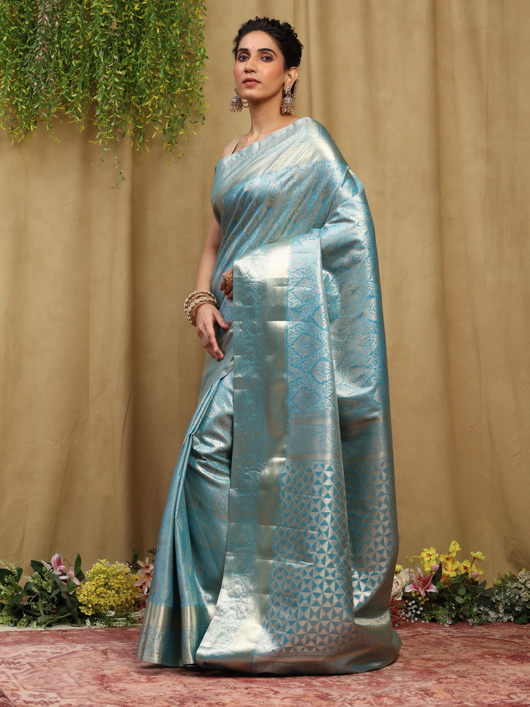 Lake Blue Kalamkari Woven Design Art Silk Saree