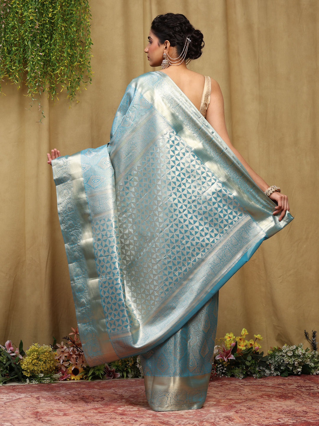 Lake Blue Kalamkari Woven Design Art Silk Saree