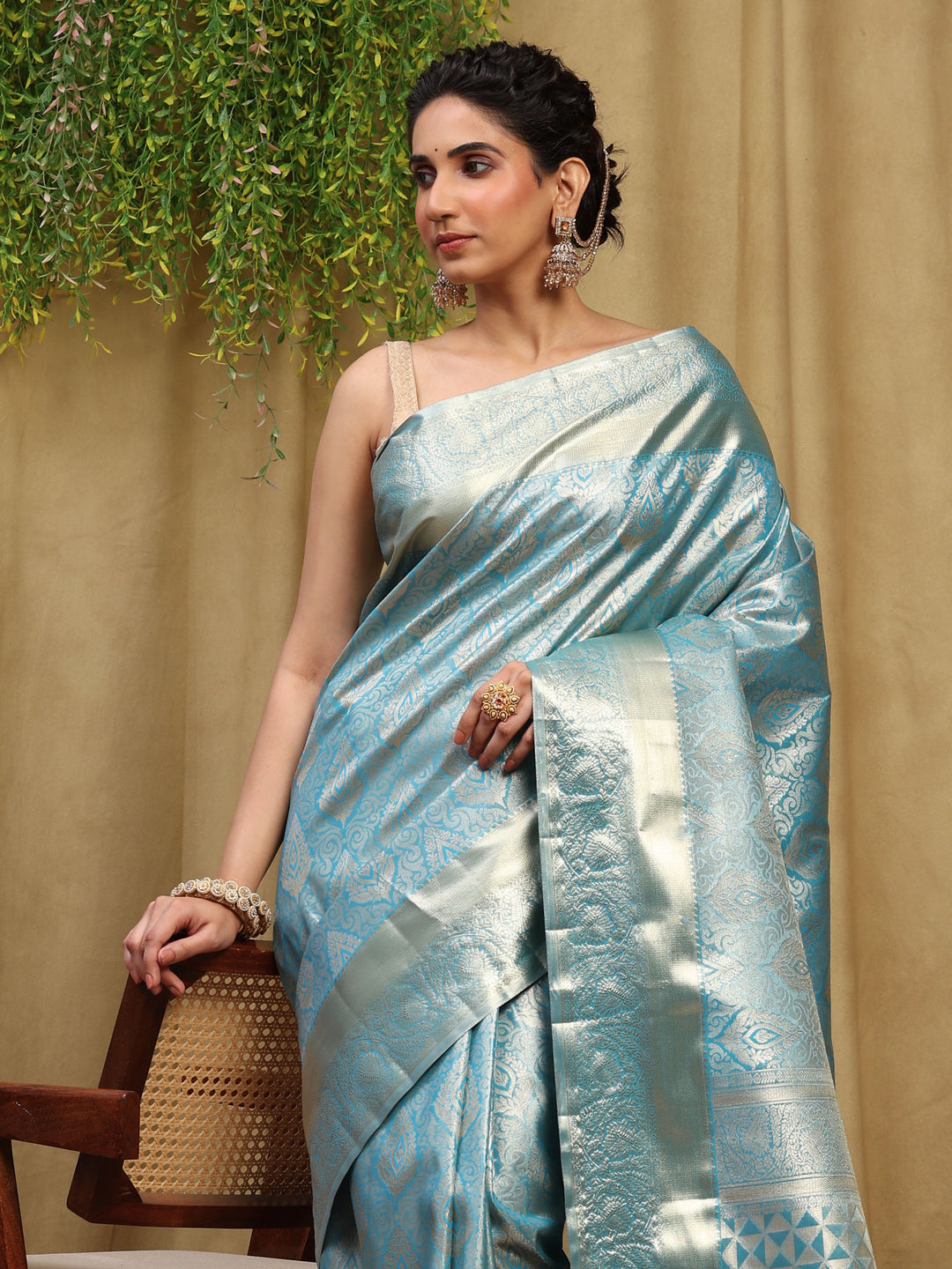 Lake Blue Kalamkari Woven Design Art Silk Saree