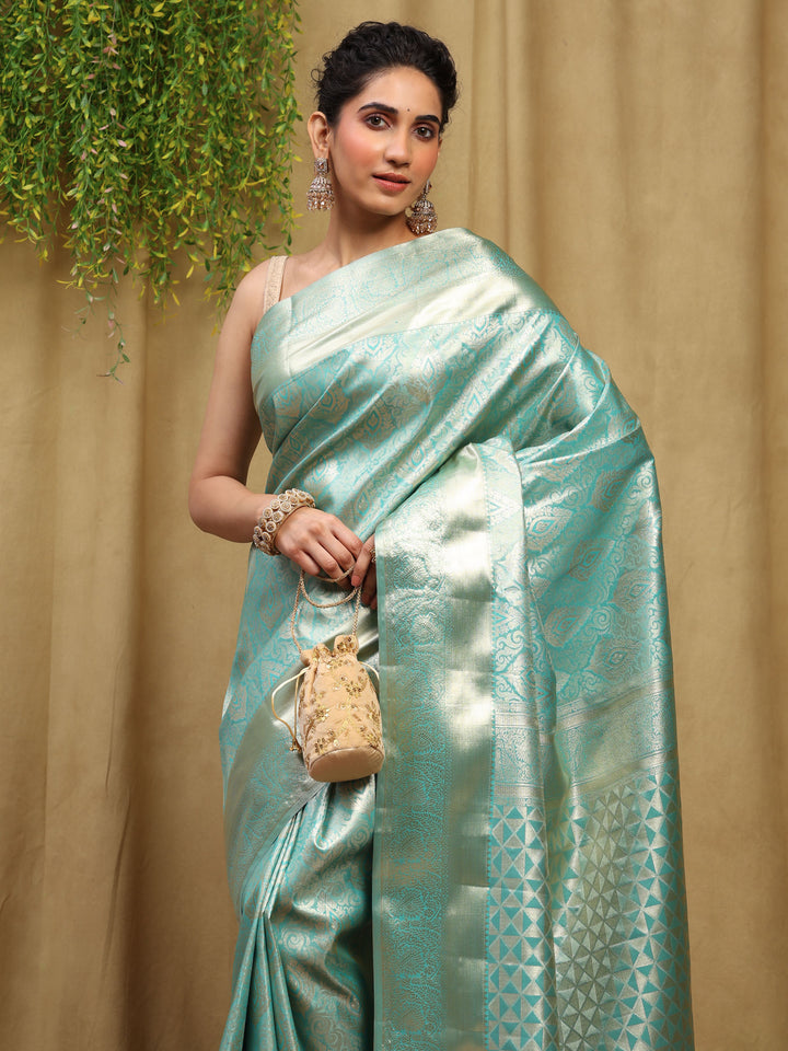 Sea Green Kalamkari Woven Design Art Silk Saree