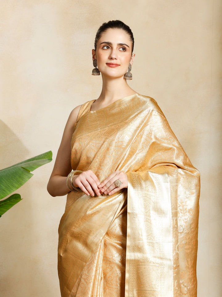 Peach Kalamkari Woven Design Art Silk Saree