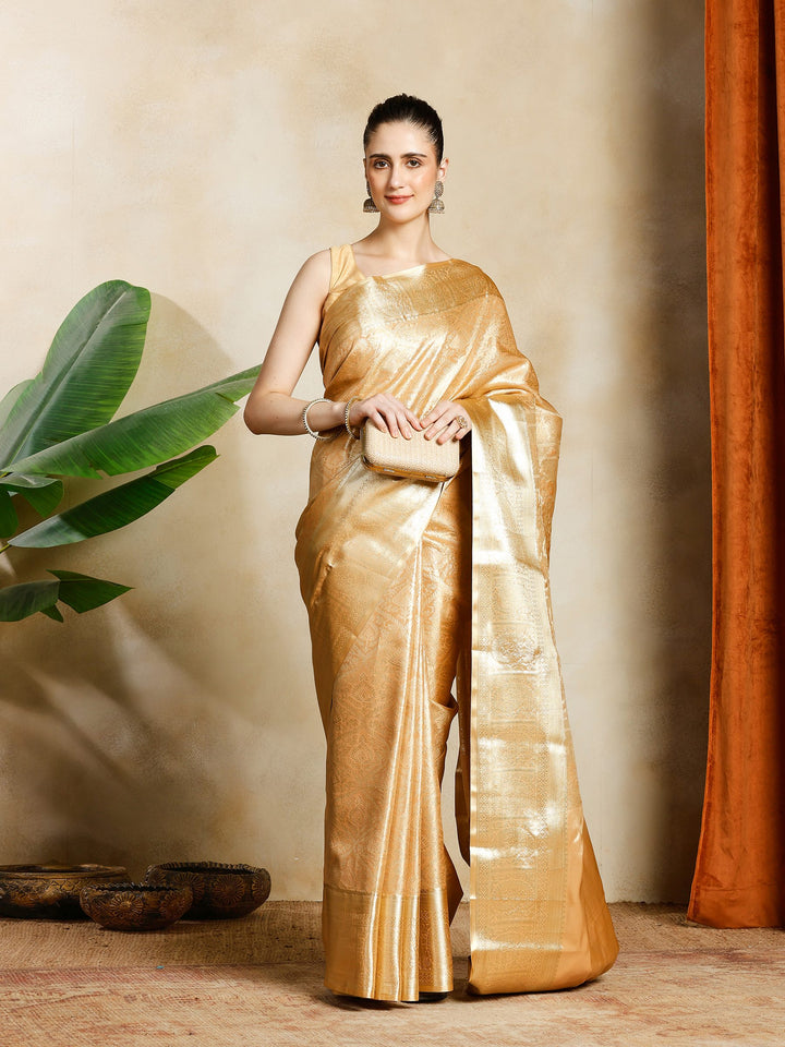 Peach Kalamkari Woven Design Art Silk Saree