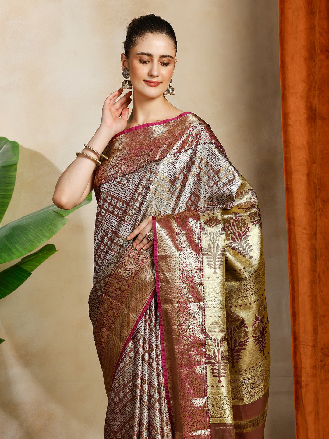 Wine Kalamkari Woven Design Art Silk Saree