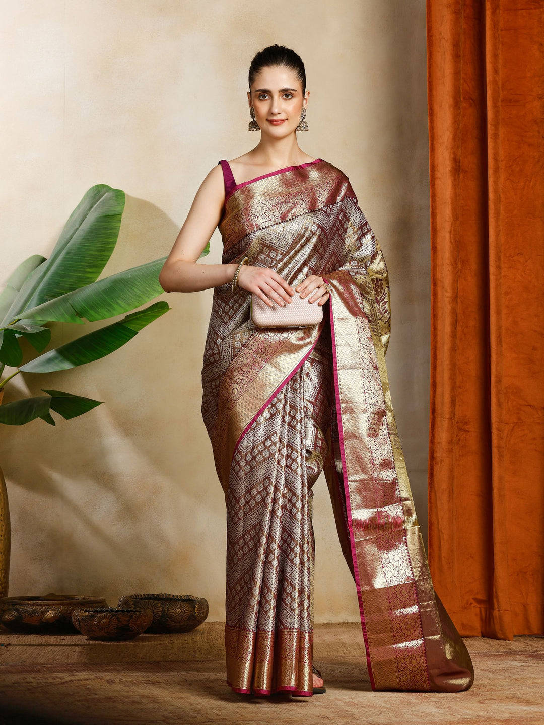 Wine Kalamkari Woven Design Art Silk Saree